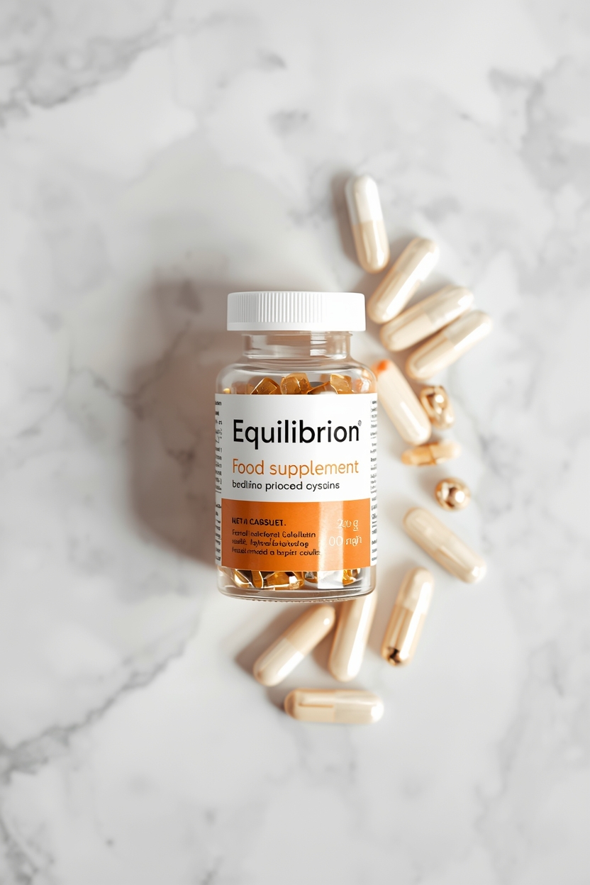 Equilibrion food supplement bottle with capsules on a clean surface